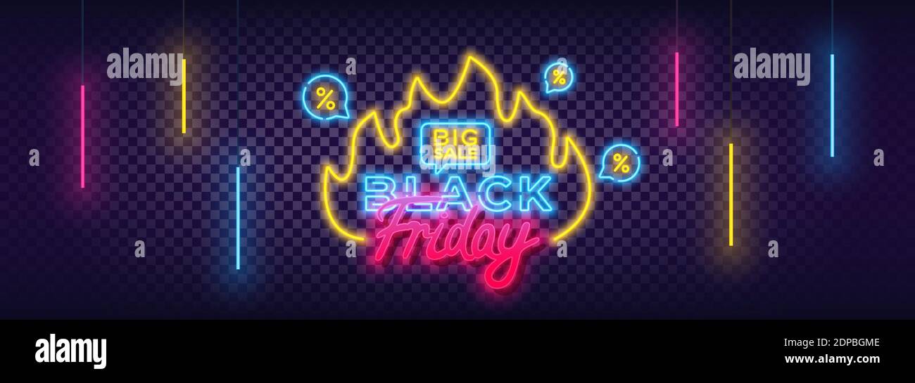 Banner colorato Neon in vendita il Black Friday. Moderna calligrafia testo segni Neon. Modello di concetto di vendita di sconti per il design trendy. Elementi per la notte luminoso A. Illustrazione Vettoriale