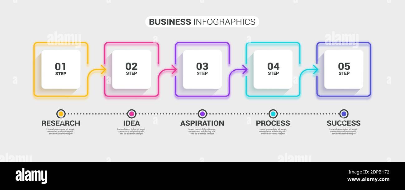 Modello infografico 3D sottile astratto al neon con 5 passaggi. Infografiche moderne del concetto di business con opzioni per brochure, diagrammi, flussi di lavoro, timel Illustrazione Vettoriale