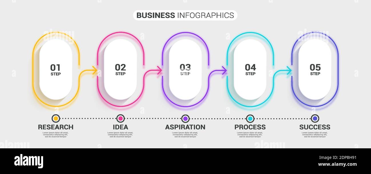 Modello infografico 3D sottile astratto al neon con 5 passaggi. Infografiche moderne del concetto di business con opzioni per brochure, diagrammi, flussi di lavoro, timel Illustrazione Vettoriale