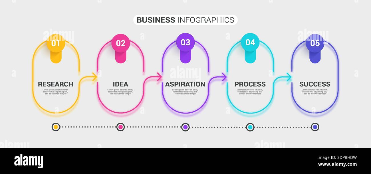 Modello infografico 3D sottile astratto al neon con 5 passaggi. Infografiche moderne del concetto di business con opzioni per brochure, diagrammi, flussi di lavoro, timel Illustrazione Vettoriale