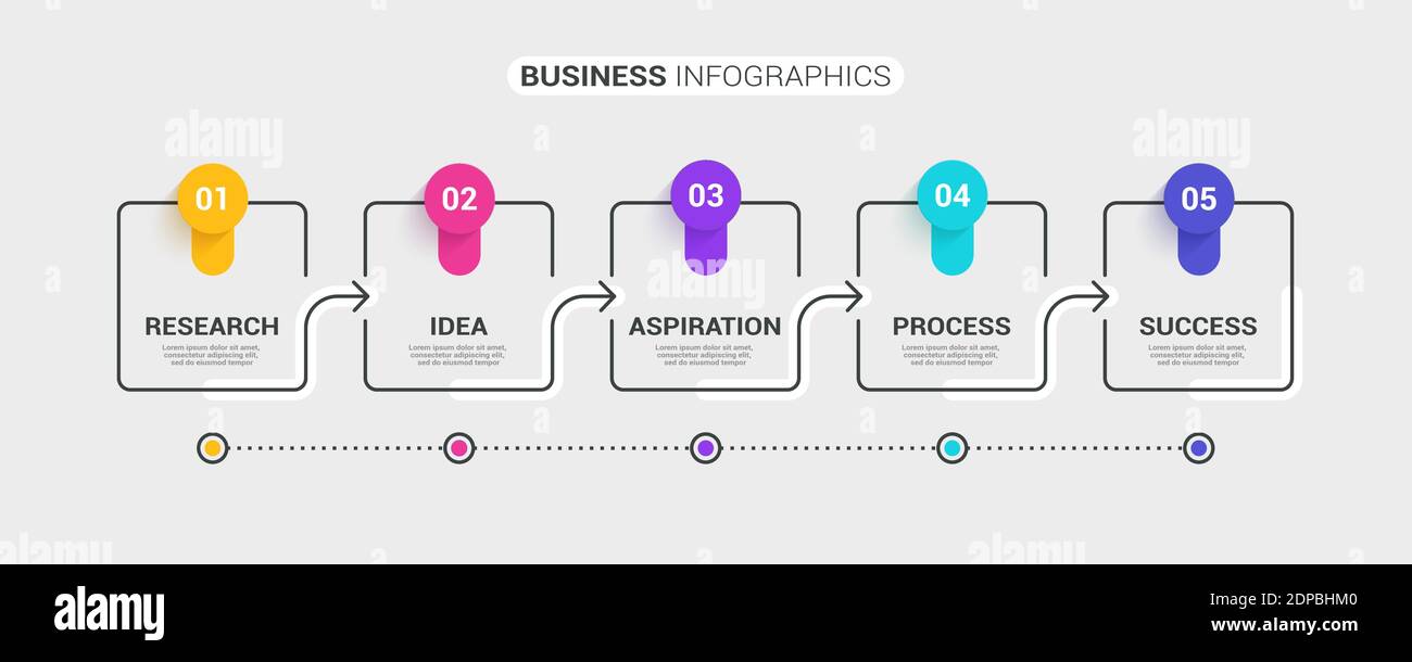 Modello infografico a linee sottili con 5 passaggi. Infografiche moderne del concetto di business con opzioni per brochure, diagrammi, flussi di lavoro, tempistiche. EPS vettoriale 1 Illustrazione Vettoriale