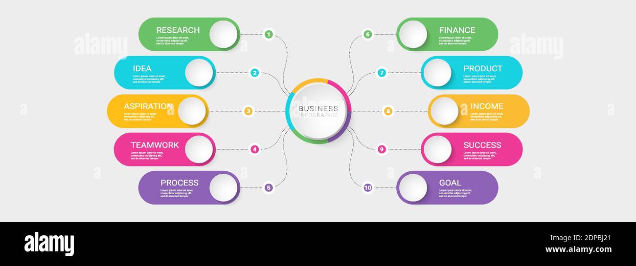 Modello infografico 3D moderno con 10 passaggi. Grafico dei processi aziendali con opzioni per brochure, diagramma, flusso di lavoro, sequenza temporale, opzioni dei numeri. Vettore EP Illustrazione Vettoriale