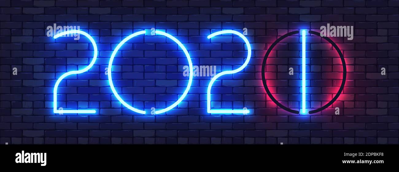 Felice anno nuovo 2021 banner colorato al neon. Concetto di sostituzione delle cifre di nuovo anno su una parete di mattoni scuri. Carattere colorato e luminoso. Vettore i Illustrazione Vettoriale