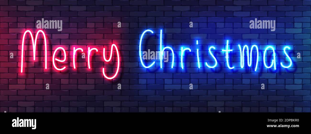 Allegro banner colorato al neon natalizio. Alfabeto di Neon scritto a mano su sfondo scuro Brick Wall. Carattere colorato e brillante disegnato per la notte brillante Adver Illustrazione Vettoriale