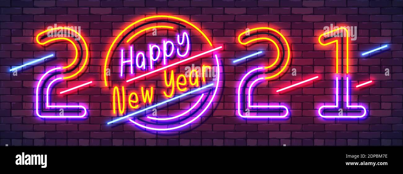 Felice anno nuovo 2021 banner colorato al neon. Cartello con la scritta "New Year glowing" per la carta delle vacanze su sfondo scuro in mattoni. Carattere colorato e luminoso. Vect Illustrazione Vettoriale