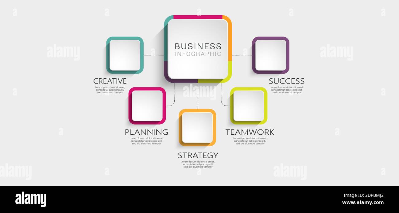 Modello infografico 3D astratto con 5 passaggi per il successo. Modello di Business Circle con opzioni per brochure, diagrammi, flusso di lavoro, timeline, web design Illustrazione Vettoriale