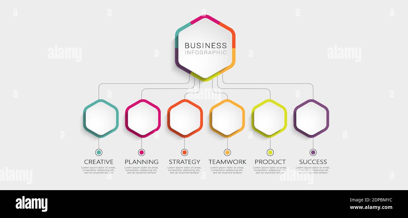 Modello infografico 3D astratto con 6 passaggi per il successo. Modello di Business Circle con opzioni per brochure, diagrammi, flusso di lavoro, timeline, web design Illustrazione Vettoriale