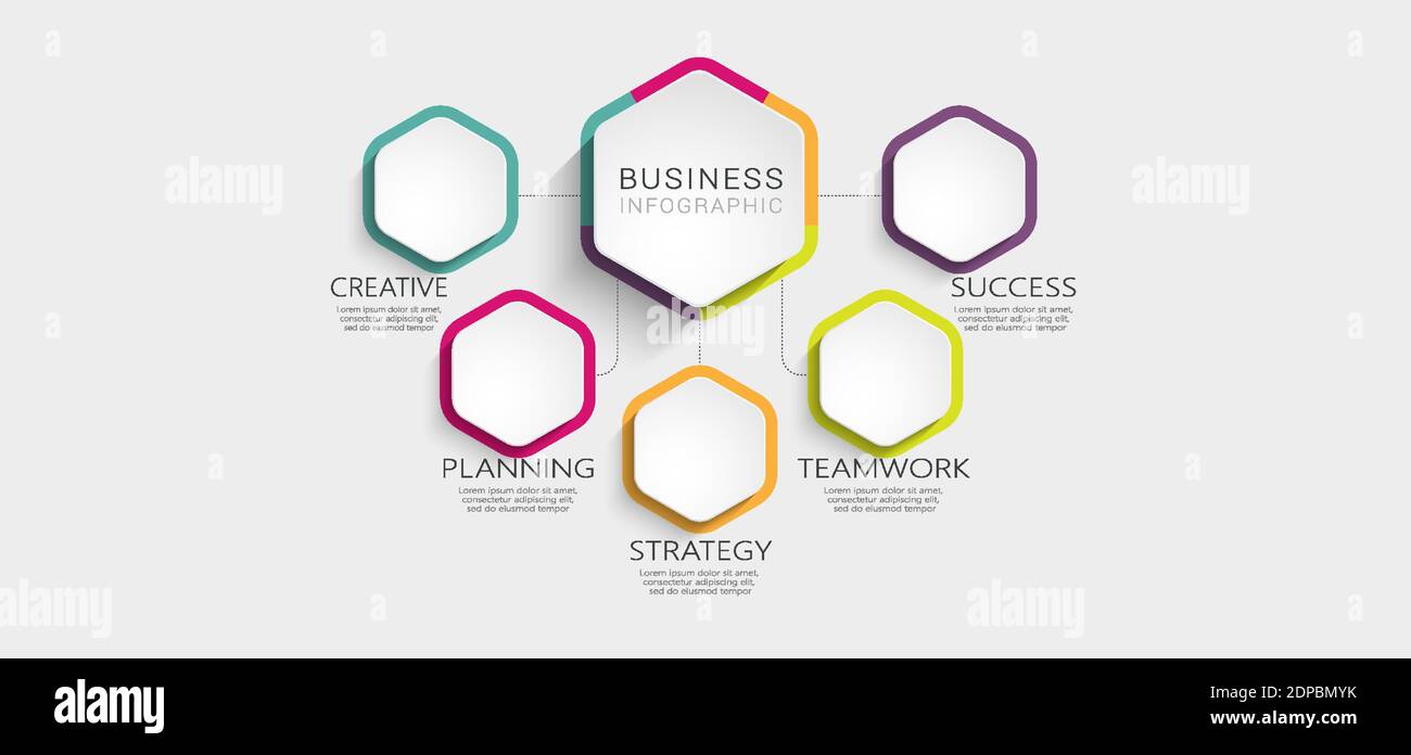 Modello infografico 3D astratto con 5 passaggi per il successo. Modello di Business Circle con opzioni per brochure, diagrammi, flusso di lavoro, timeline, web design Illustrazione Vettoriale