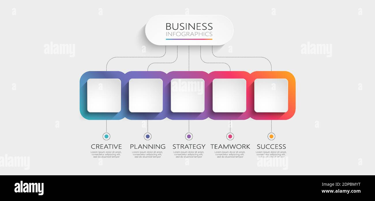 Modello infografico 3D moderno con 5 passaggi. Modello Business Square con opzioni per brochure, diagrammi, flusso di lavoro, timeline, web design. Illus vettore Illustrazione Vettoriale