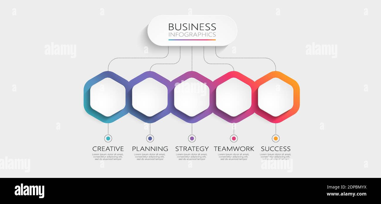 Modello infografico 3D moderno con 5 passaggi. Modello esagonale business con opzioni per brochure, diagrammi, flusso di lavoro, timeline, web design. Illu. Vettore Illustrazione Vettoriale
