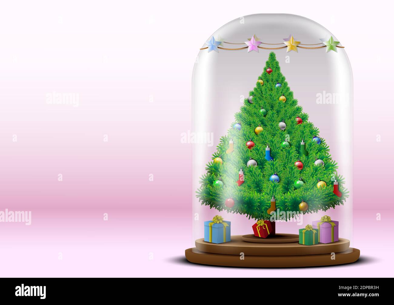 illustrazione dell'albero di natale in un vaso. Decorata con palline colorate, calze, collana a stella su un vaso e una scatola regalo. Sullo sfondo rosa Illustrazione Vettoriale