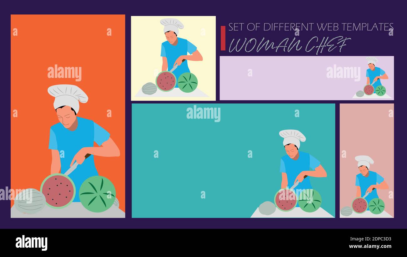 Set di chef donna in diversi modelli mobili o web modificabili illustrazioni vettoriali. Illustrazione Vettoriale