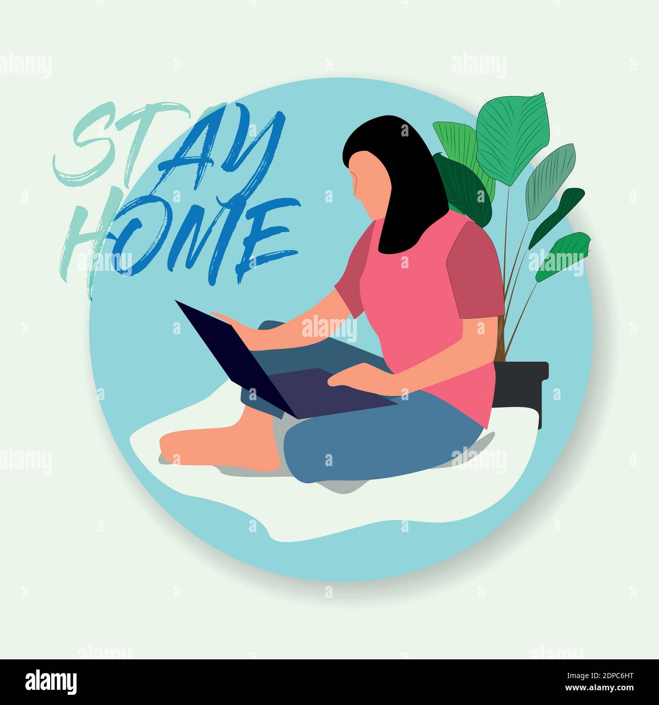 Rimani a casa, lavoro a casa, formazione online. Una donna che lavora su un computer portatile Illustrazione Vettoriale