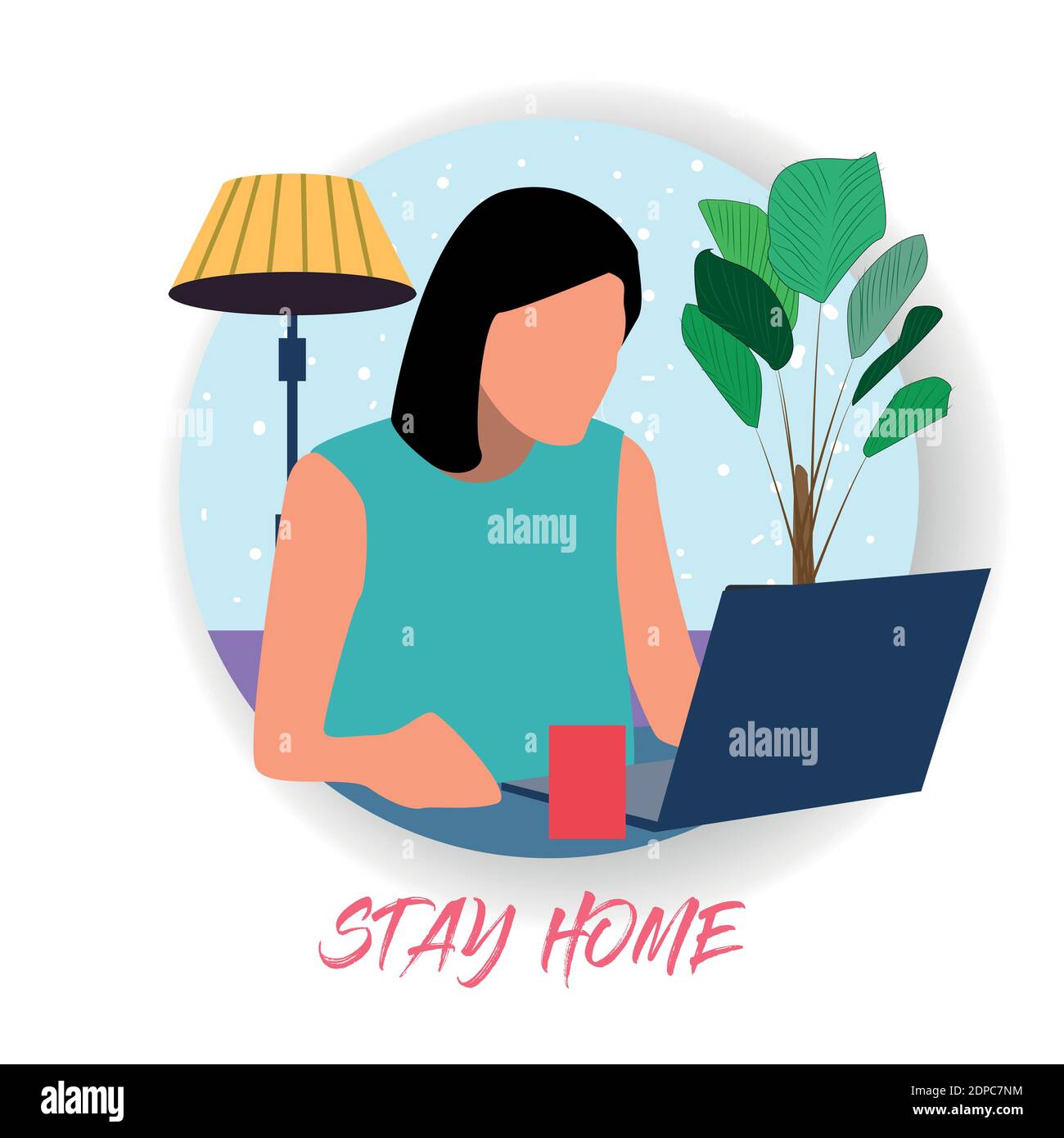 Rimani a casa, lavoro a casa, formazione online. Una donna che lavora su un computer portatile Illustrazione Vettoriale