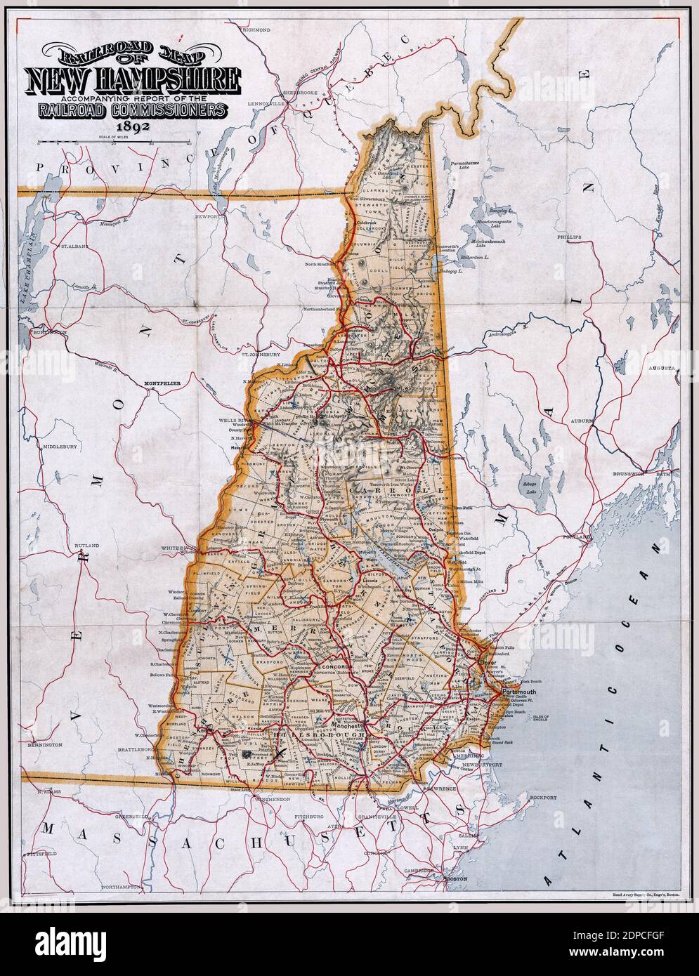 Titolo: 'Mappa ferroviaria del New Hampshire: Relazione di accompagnamento dei commissari ferroviari, 1892' questa è una riproduzione mappa storica splendidamente dettagliata. Fu pubblicato nel 1892. Foto Stock