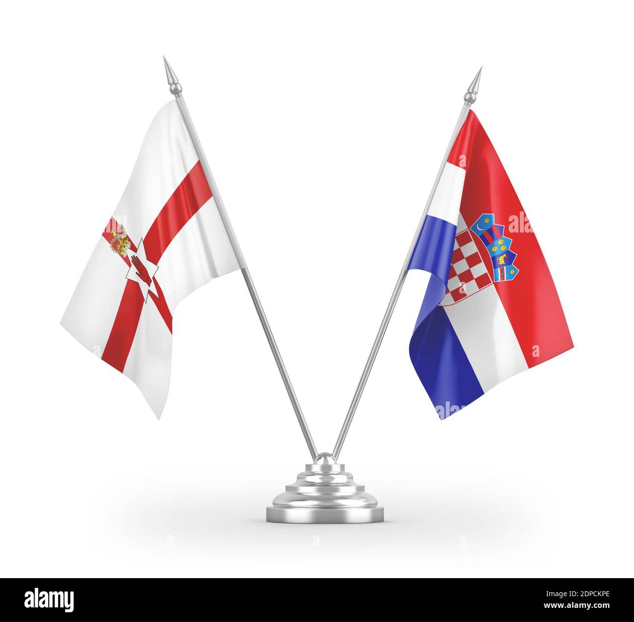 Bandiere da tavolo per Croazia e Irlanda del Nord isolate su 3D bianco rendering Foto Stock