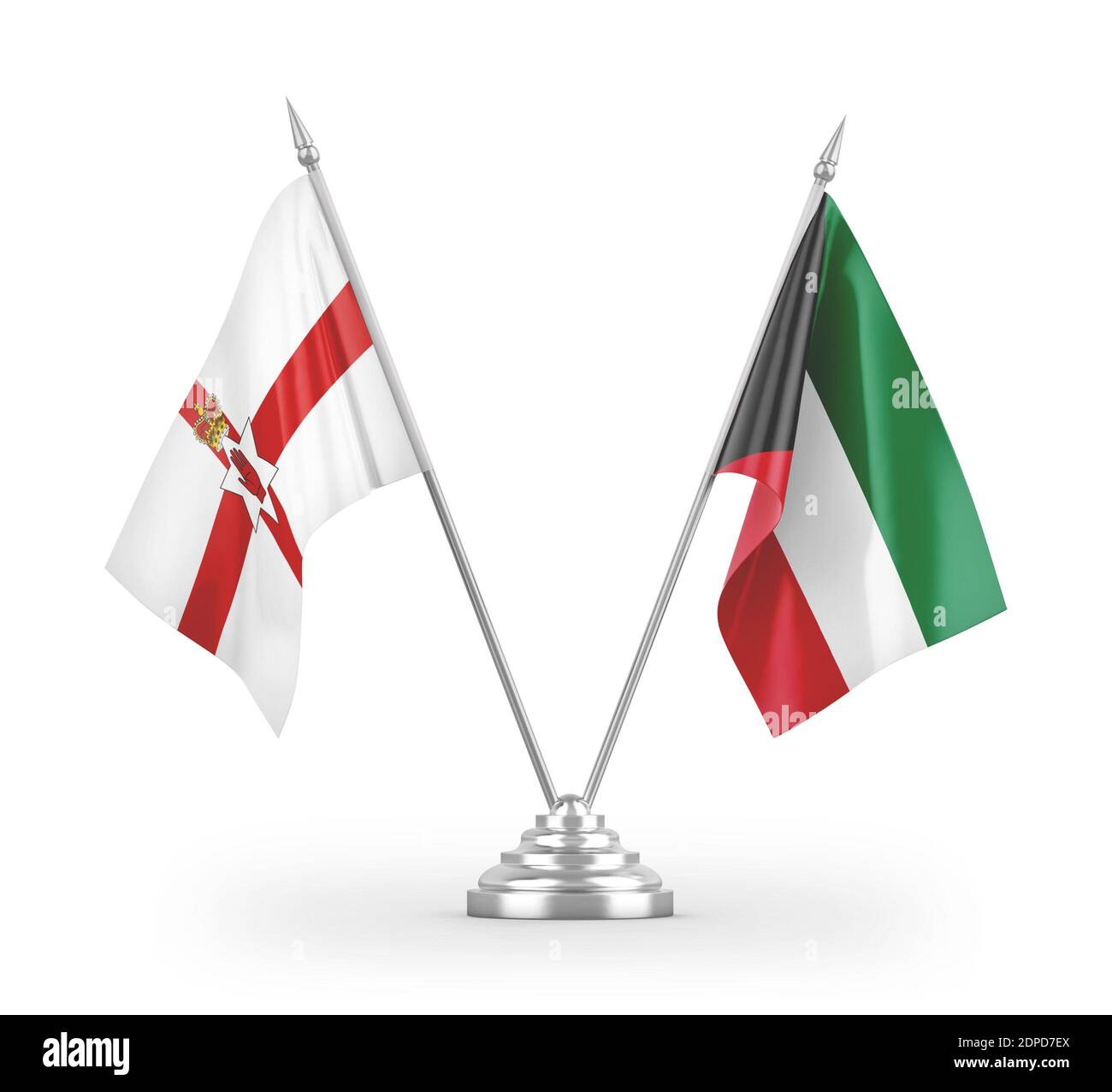 Bandiere da tavolo Kuwait e Irlanda del Nord isolate su 3D bianco rendering Foto Stock