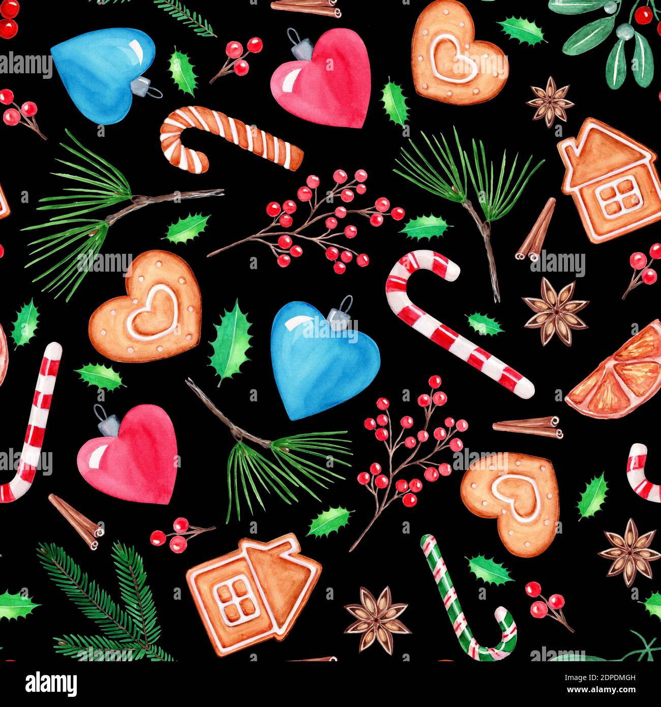 Disegno senza cuciture illustrazione di Natale, pittura di acquerello disegnata a mano. Biscotti di pan di zenzero, canna da zucchero, palle di Natale, cuore, abete rosso e crusca di pino Foto Stock