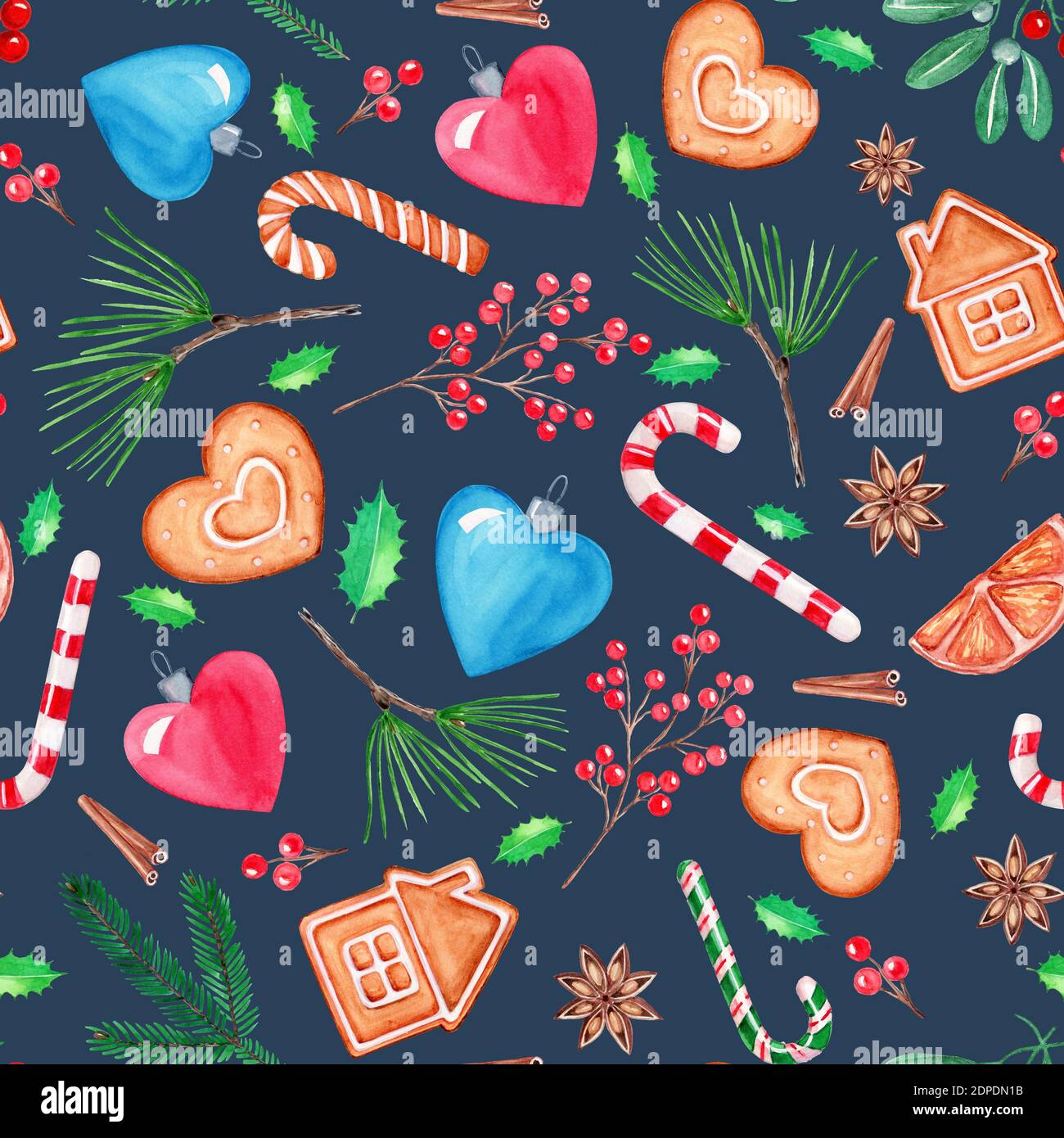 Disegno senza cuciture illustrazione di Natale, pittura di acquerello disegnata a mano. Biscotti di pan di zenzero, canna da zucchero, palle di Natale, cuore, abete rosso e crusca di pino Foto Stock