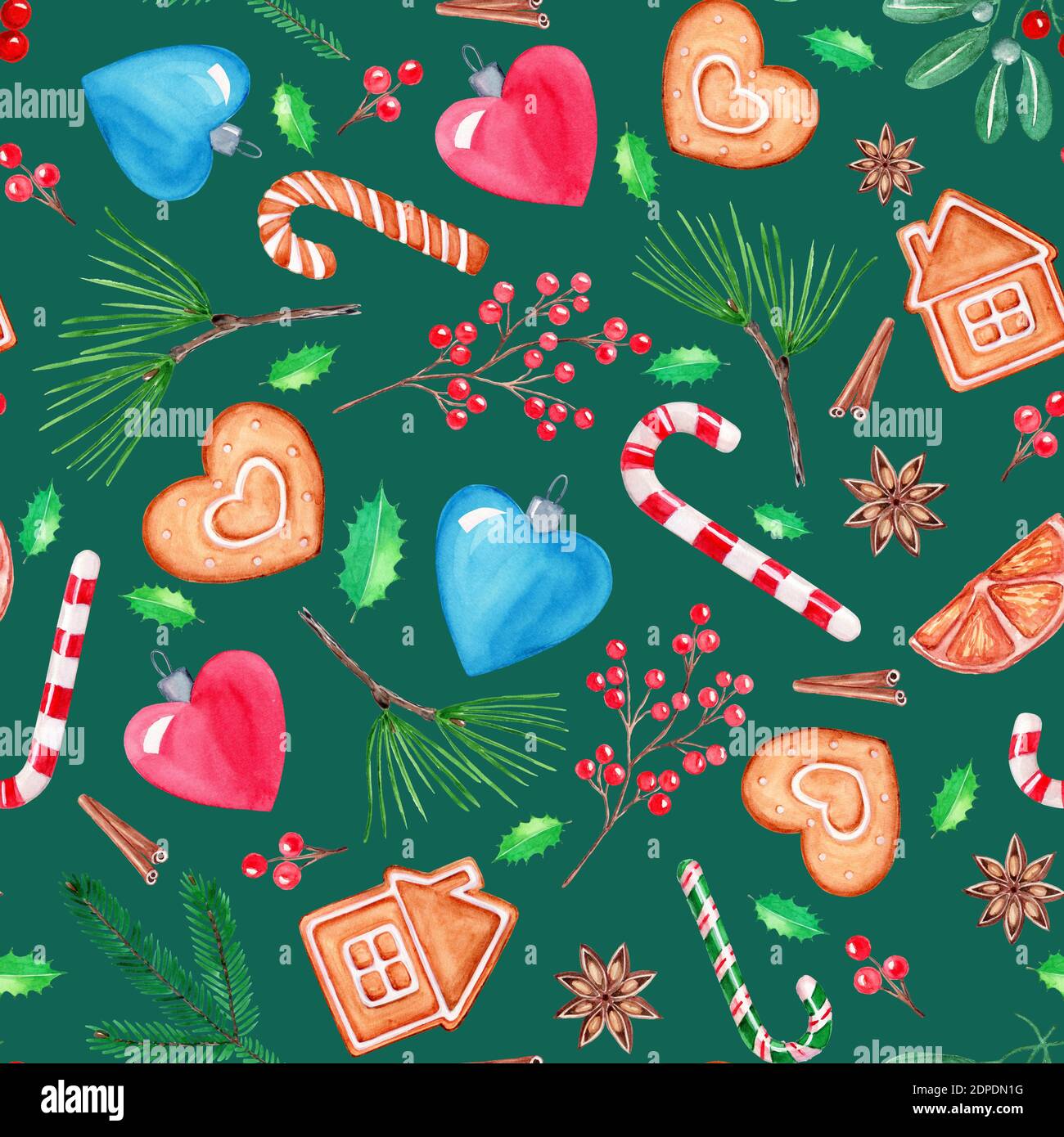 Disegno senza cuciture illustrazione di Natale, pittura di acquerello disegnata a mano. Biscotti di pan di zenzero, canna da zucchero, palle di Natale, cuore, abete rosso e crusca di pino Foto Stock