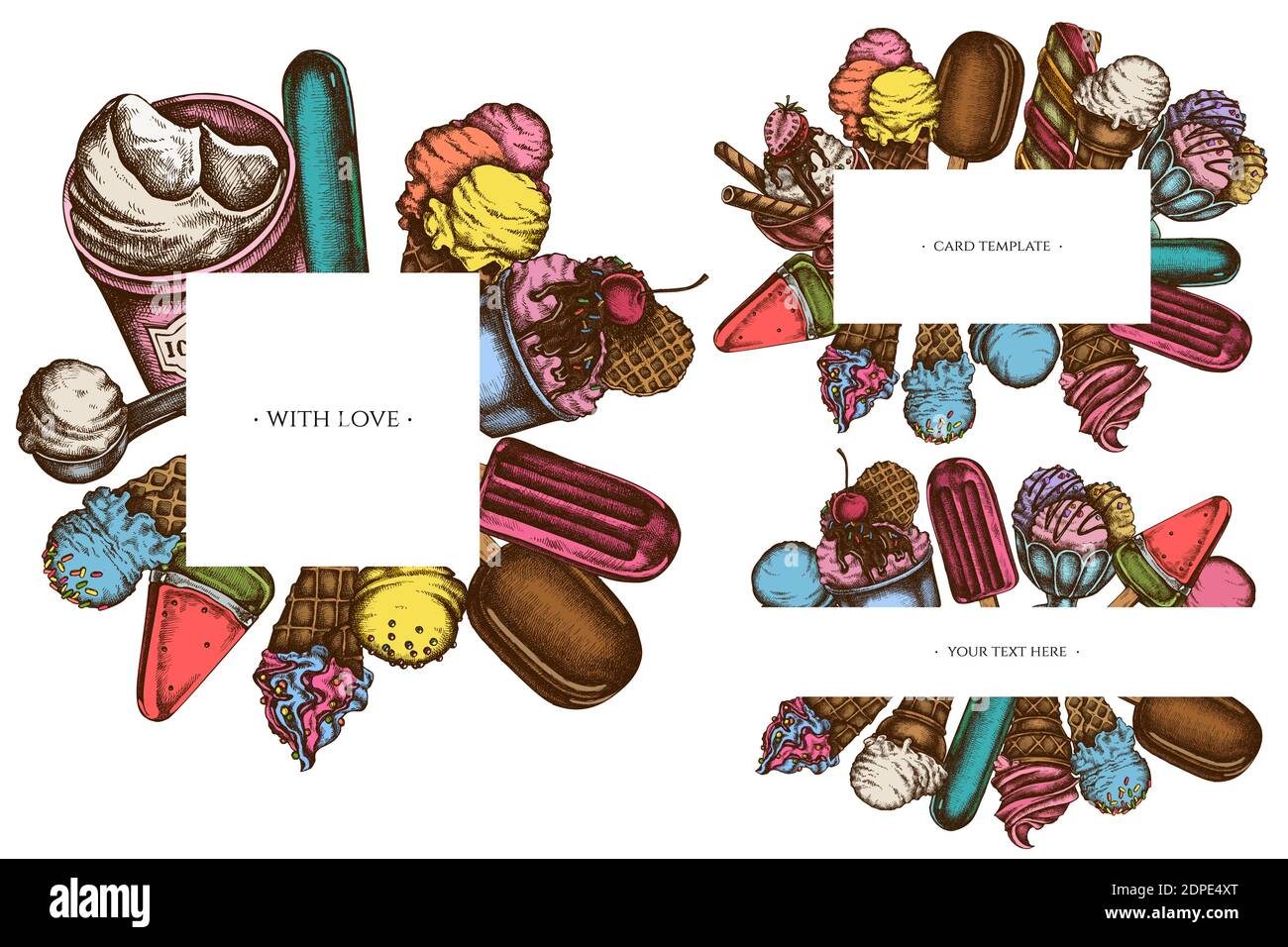 Cornici con ciotole colorate per gelato, secchio per gelato, gelato alla papsicola Illustrazione Vettoriale