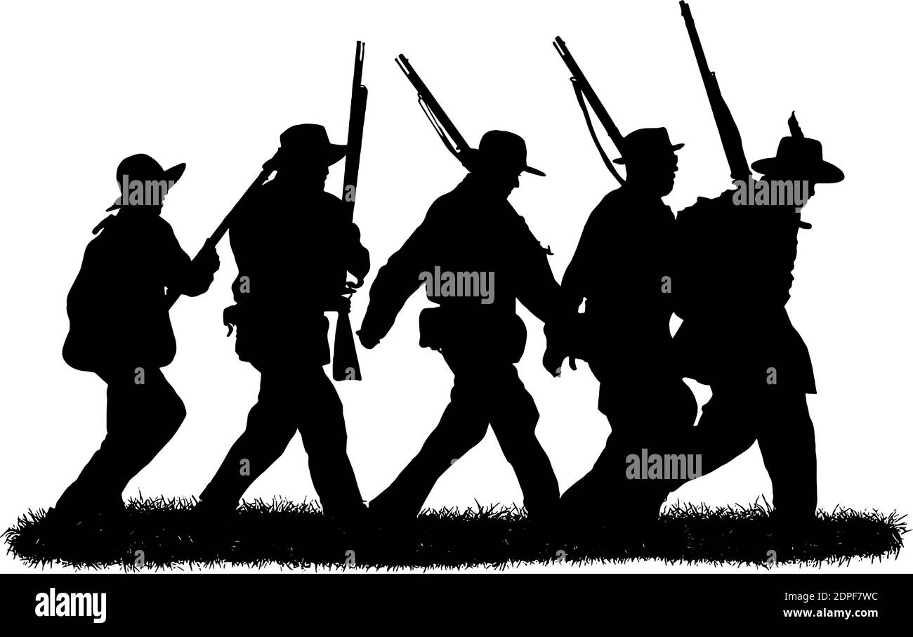 Gruppo di soldati americani della guerra civile, sagome in nero su sfondo bianco, grafica vettoriale Illustrazione Vettoriale