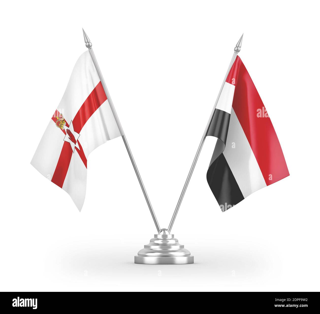 Bandiere da tavolo dello Yemen e dell'Irlanda del Nord isolate su 3D bianco rendering Foto Stock