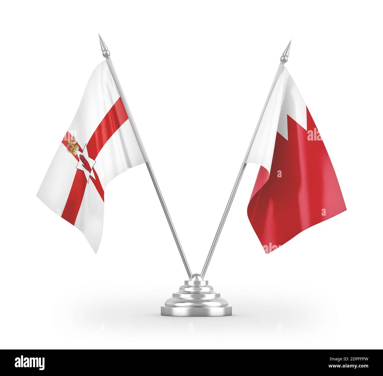 Bandiere da tavolo del Bahrain e dell'Irlanda del Nord isolate su 3D bianco rendering Foto Stock