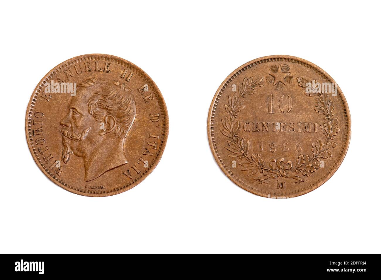 Vittorio Emanuele II primo re d'Italia bronzo 1866 10 Centesimi monete antiche d'epoca monete in denaro Foto Stock