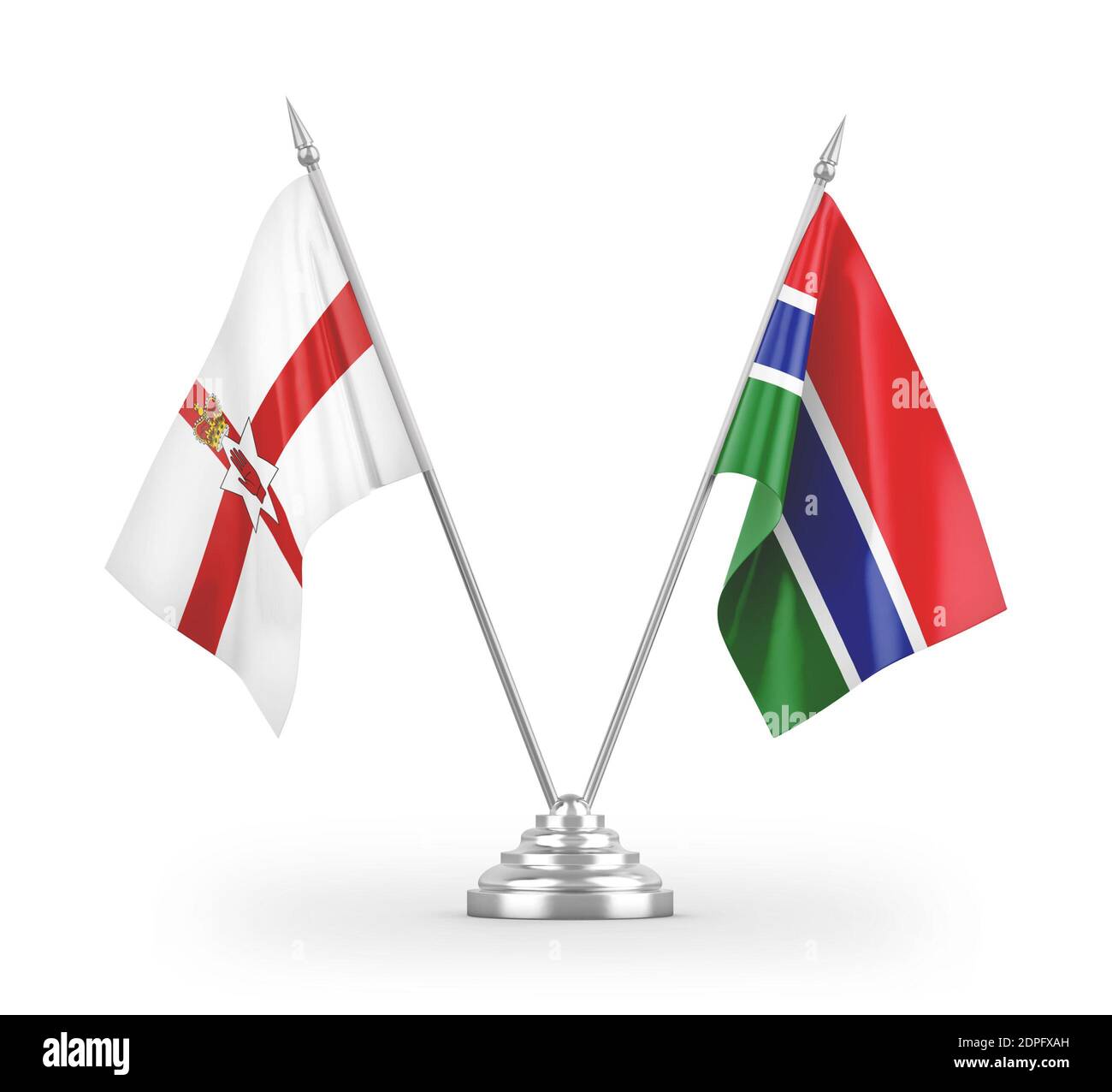 Bandiere da tavolo Gambia e Irlanda del Nord isolate su 3D bianco rendering Foto Stock