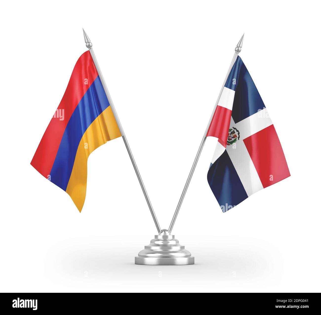 Bandiere da tavolo della Repubblica Dominicana e dell'Armenia isolate su 3D bianco rendering Foto Stock