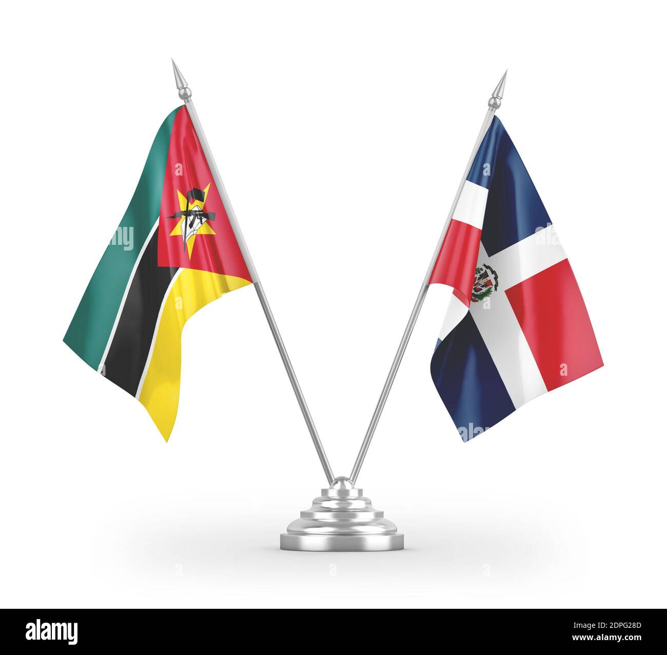 Bandiere da tavolo della Repubblica Dominicana e del Mozambico isolate su 3D bianco rendering Foto Stock