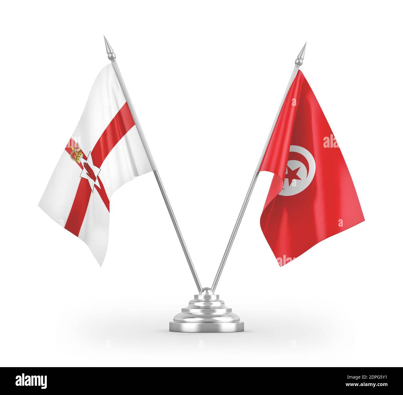 Bandiere da tavolo per Tunisia e Irlanda del Nord isolate su 3D bianco rendering Foto Stock