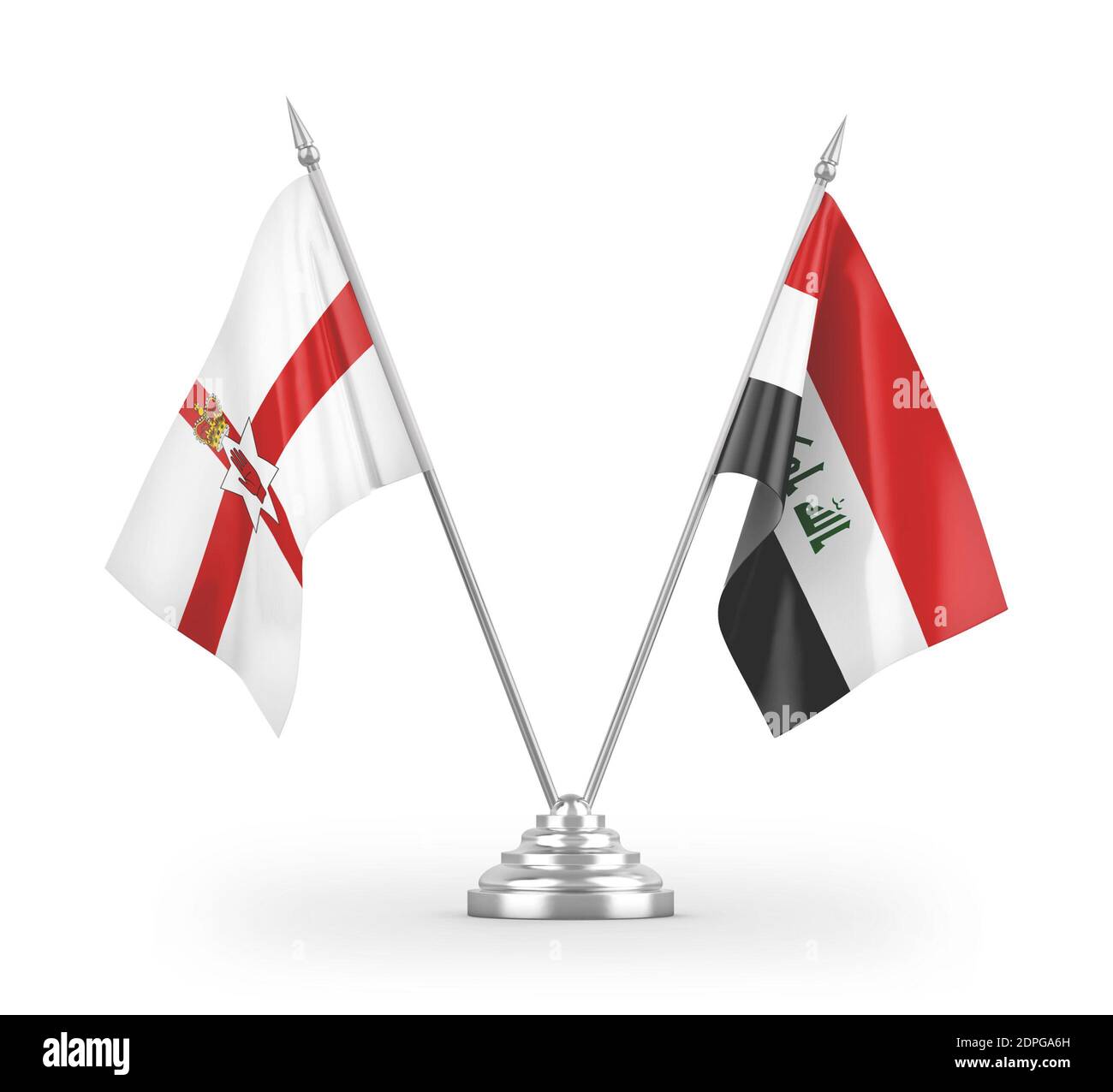 Iraq e Irlanda del Nord bandiere da tavolo isolate su 3D bianco rendering Foto Stock