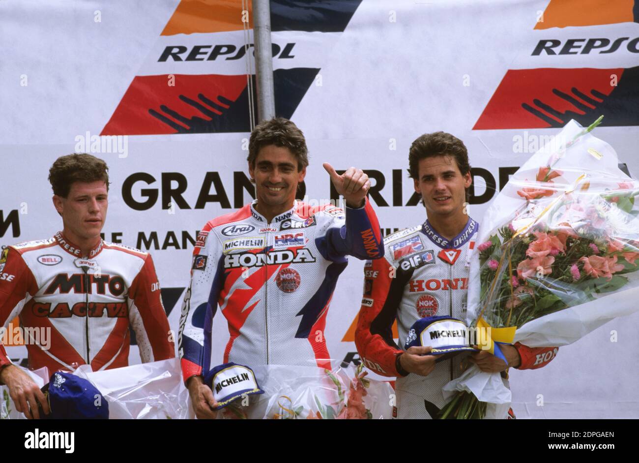 Podio Francia Moto GP 1994, le Mans, Doohan, Criville, Kocinski Foto Stock