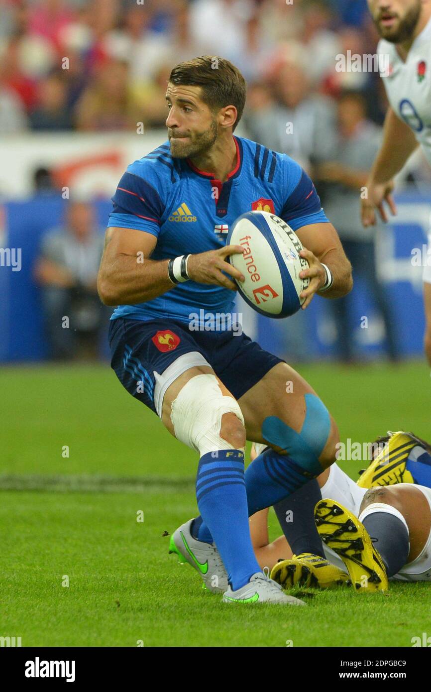 Sebastien Tillous-Borde in Francia durante una partita di rugby friendly  Test, Francia contro Inghilterra a Stade de France, St-Denis, Francia, il  22 agosto 2015. La Francia ha vinto il 25-20. Foto di