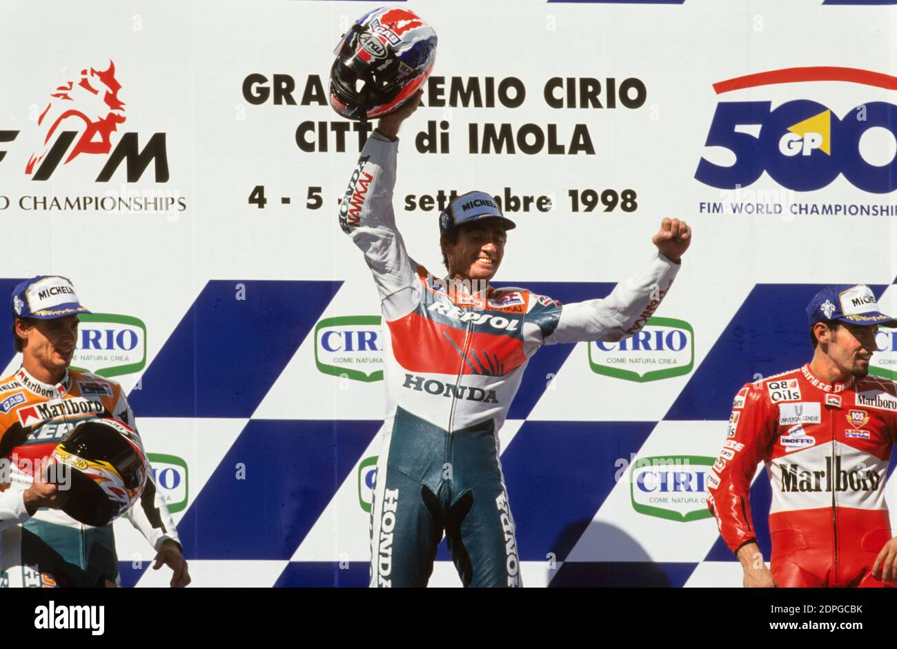 Podio Italia GP Moto 500, Imola 1998, Doohan, Biaggi, Criville Foto Stock
