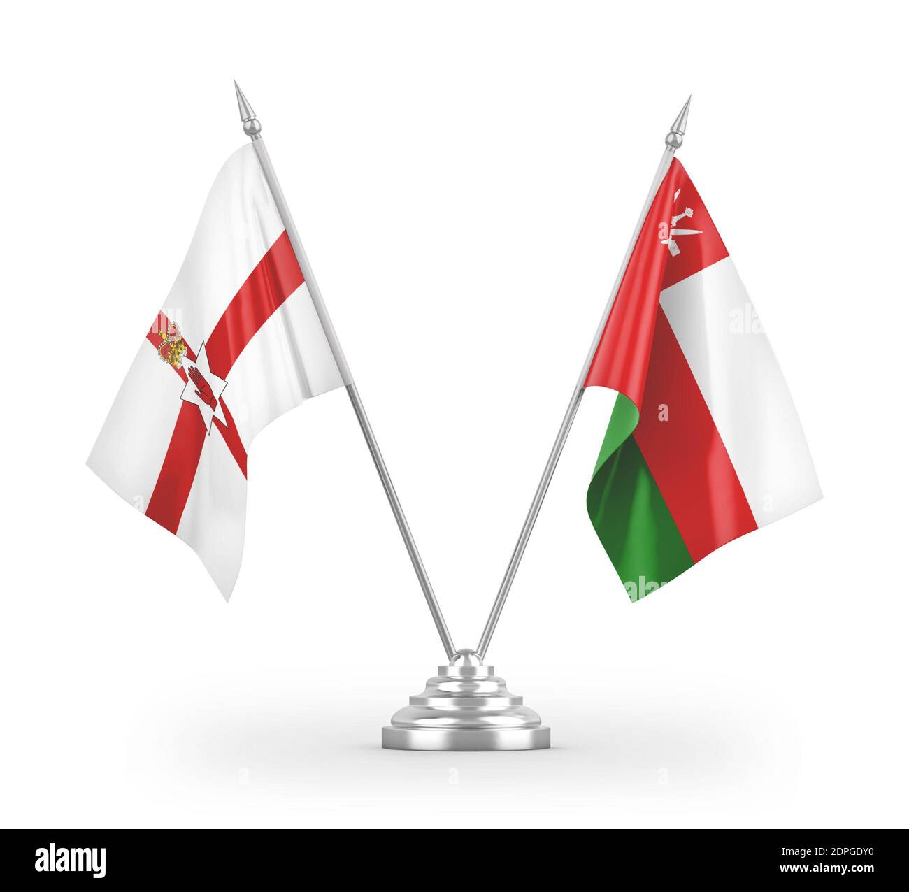 Bandiere da tavolo Oman e Irlanda del Nord isolate su 3D bianco rendering Foto Stock
