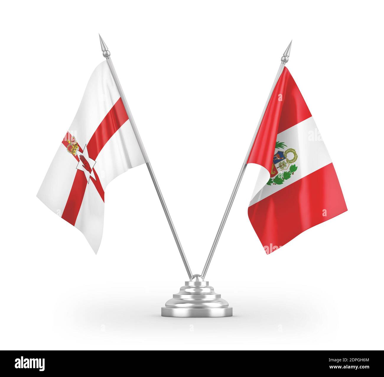 Bandiere da tavolo per Perù e Irlanda del Nord isolate su 3D bianco rendering Foto Stock