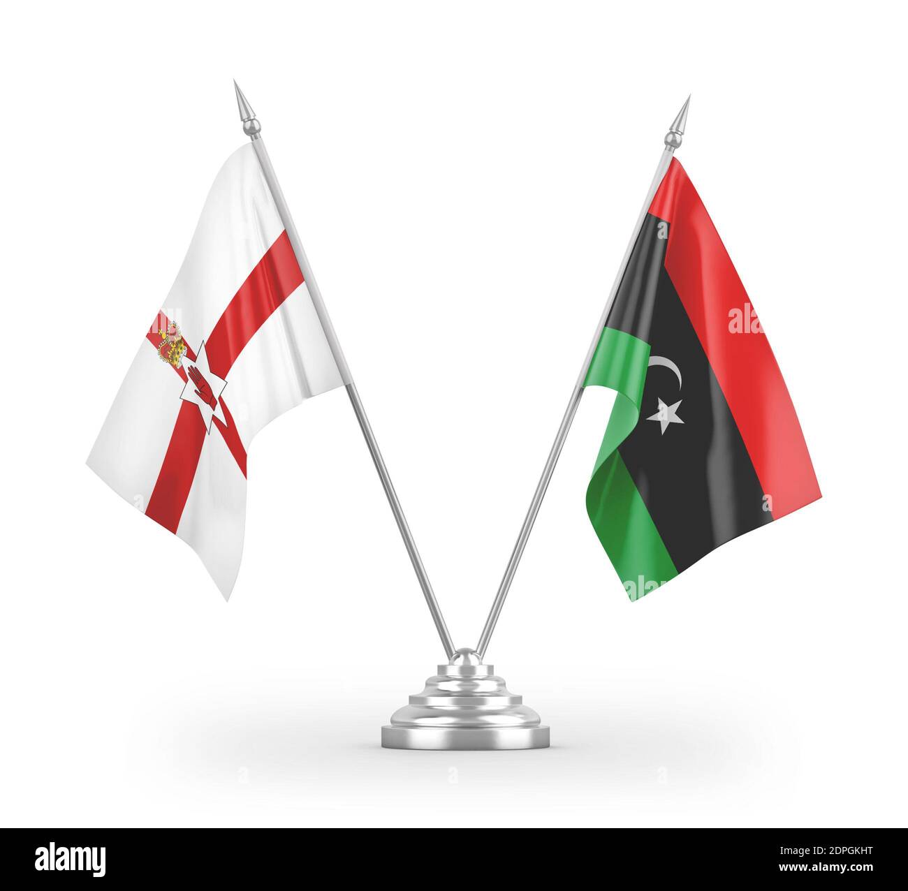 Bandiere da tavolo di Libia e Irlanda del Nord isolate su 3D bianco rendering Foto Stock