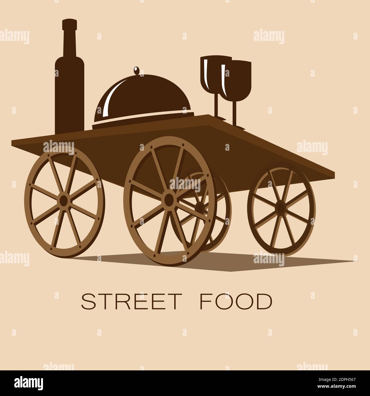 piatto, vino e bicchieri sul tavolo del carrello street food o il logo del caffè 1 Illustrazione Vettoriale