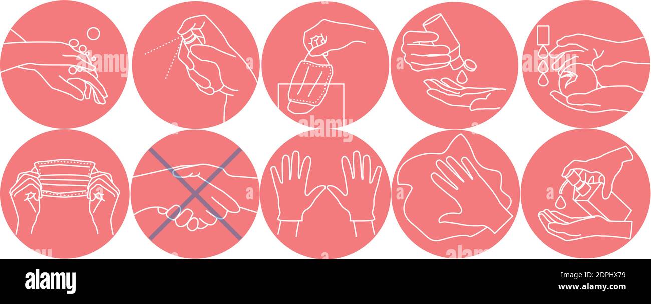 10 icone di icone focalizzate sulla mano per la protezione pandemica. Illustrazioni vettoriali modificabili Illustrazione Vettoriale