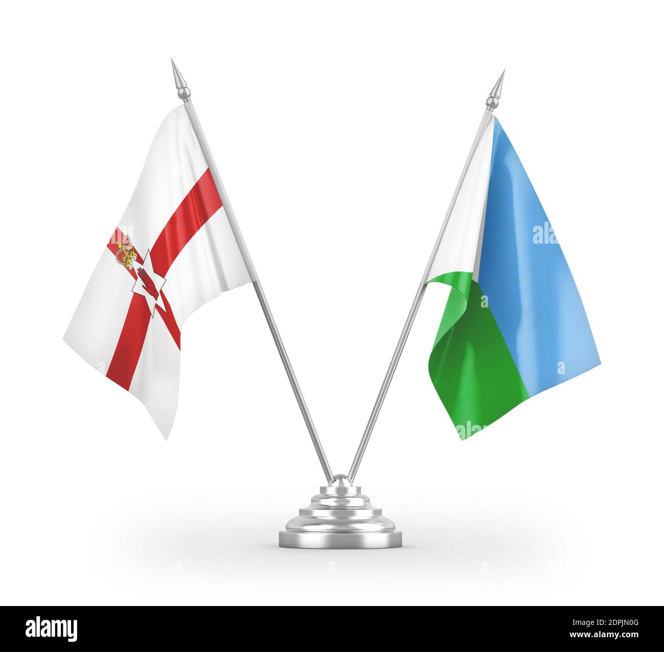 Bandiere da tavolo di Gibuti e Irlanda del Nord isolate su 3D bianco rendering Foto Stock