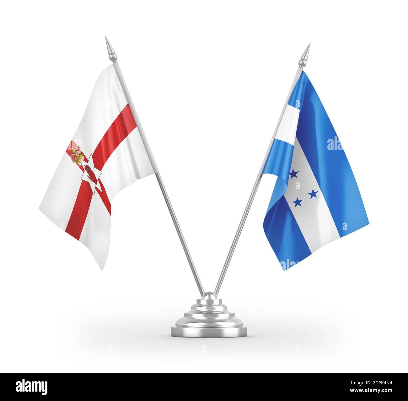 Bandiere da tavolo Honduras e Irlanda del Nord isolate su 3D bianco rendering Foto Stock