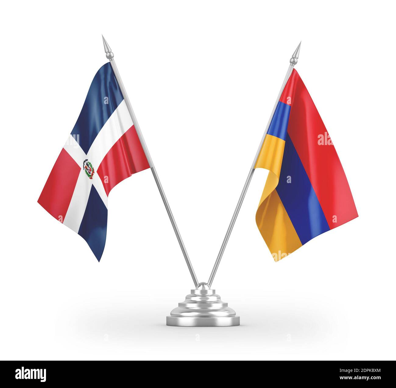 Armenia e Repubblica Dominicana, bandiere da tavolo isolate su 3D bianco rendering Foto Stock