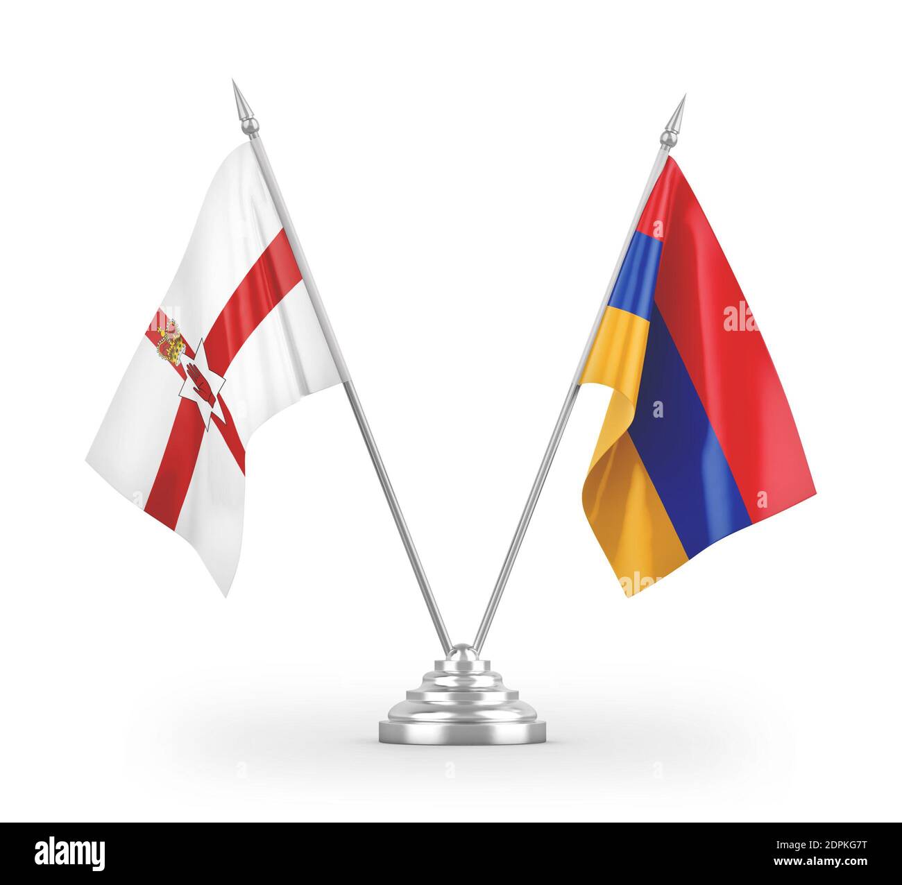 Armenia e Irlanda del Nord bandiere da tavolo isolate su 3D bianco rendering Foto Stock