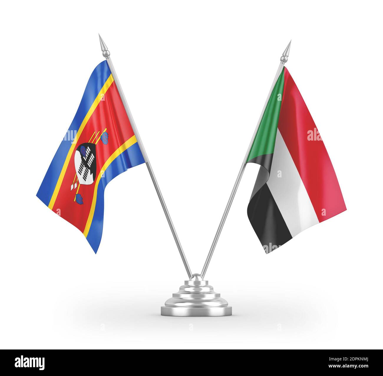 Sudan ed Eswatini Swaziland bandiere da tavolo isolate su 3D bianco rendering Foto Stock