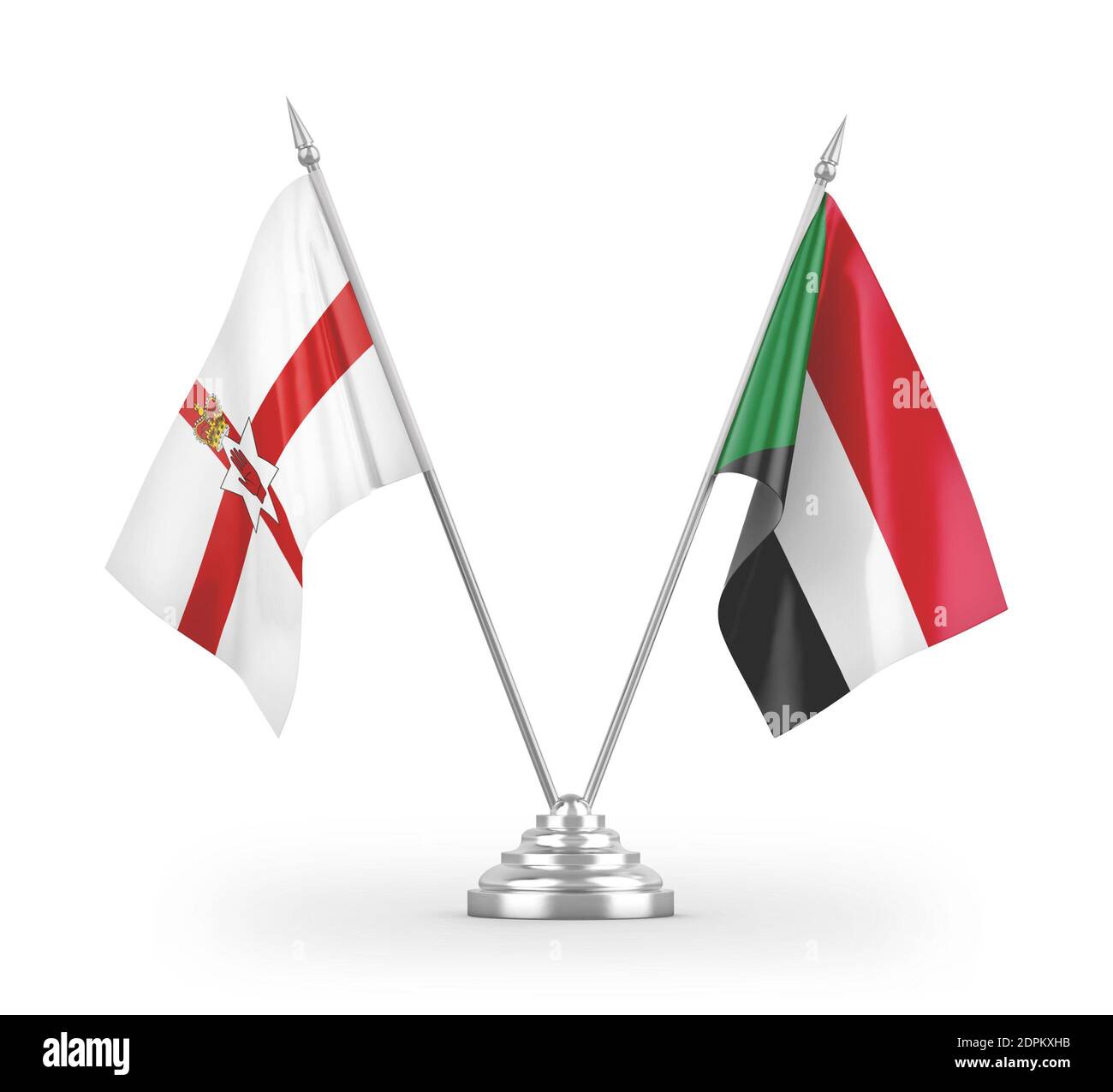 Bandiere da tavolo del Sudan e dell'Irlanda del Nord isolate su 3D bianco rendering Foto Stock