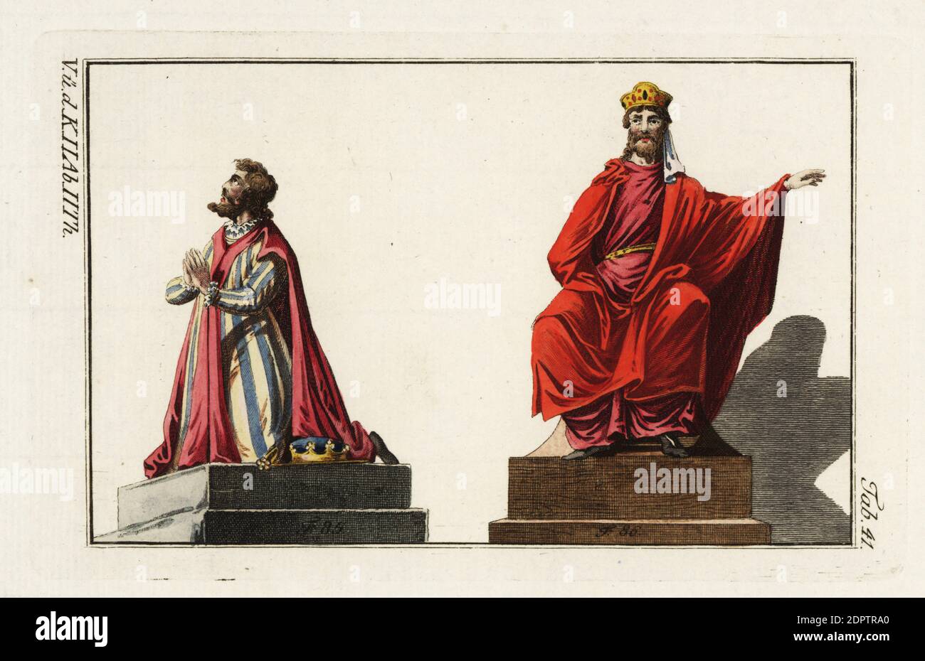 Re Roberto i di Francia, c.866-923, inginocchiato, in tunica a strisce e mantello di un taglio notevole, con corona sul pavimento, e re Dagobert i d'Austrasia, c. 603-639, seduto su un trono. Incisione a mano su copperplate dal quadro storico di Robert von Spalart dei costumi del principale popolo dell'antichità e del Medioevo, Vienna, 1802. Foto Stock