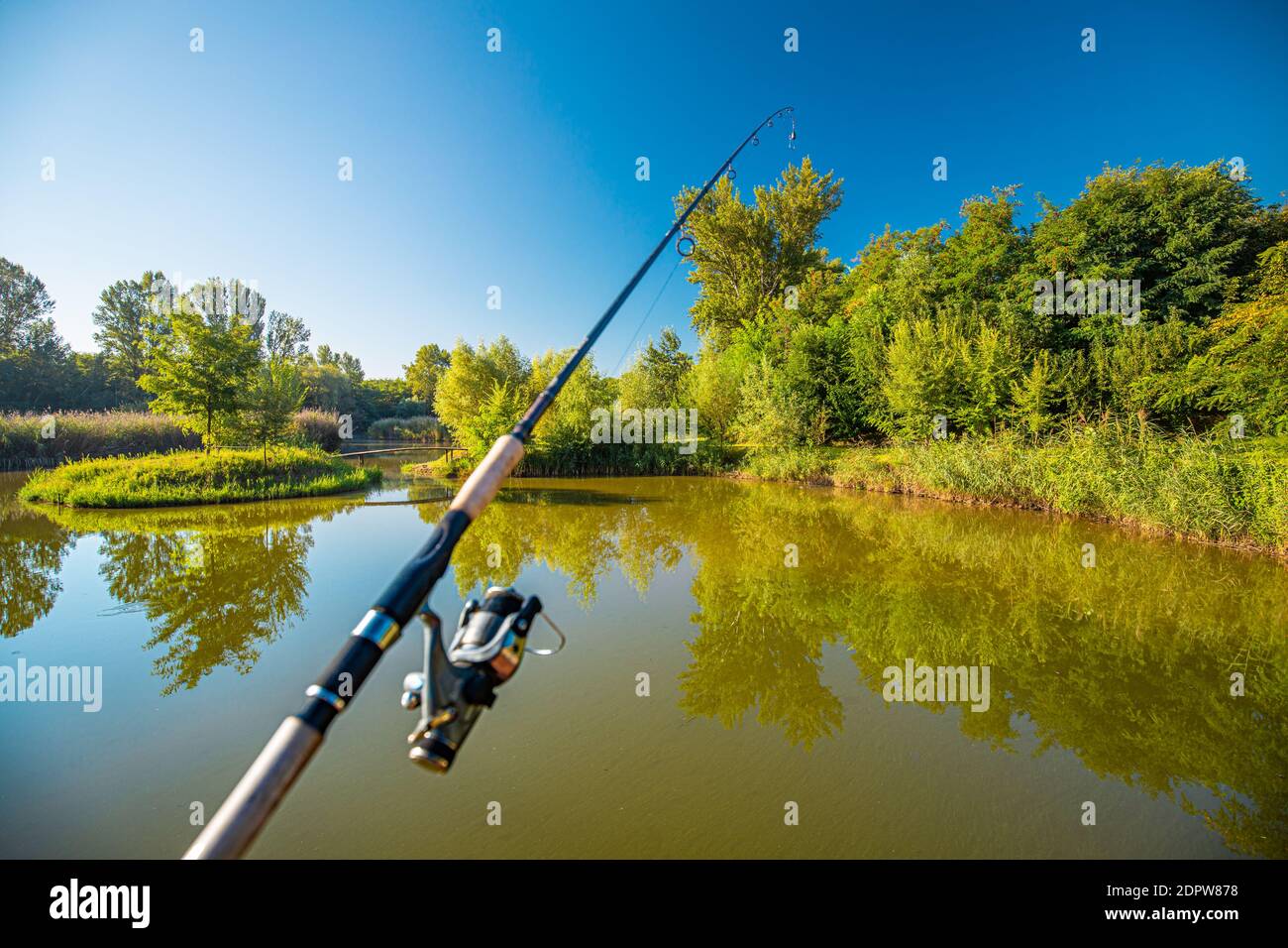 Canna da pesca sul paesaggio soleggiato del lago, cielo blu della foresta. Idilliaco sport all'aperto o attività ricreative. Relax nella natura. Calma acqua del lago Foto Stock